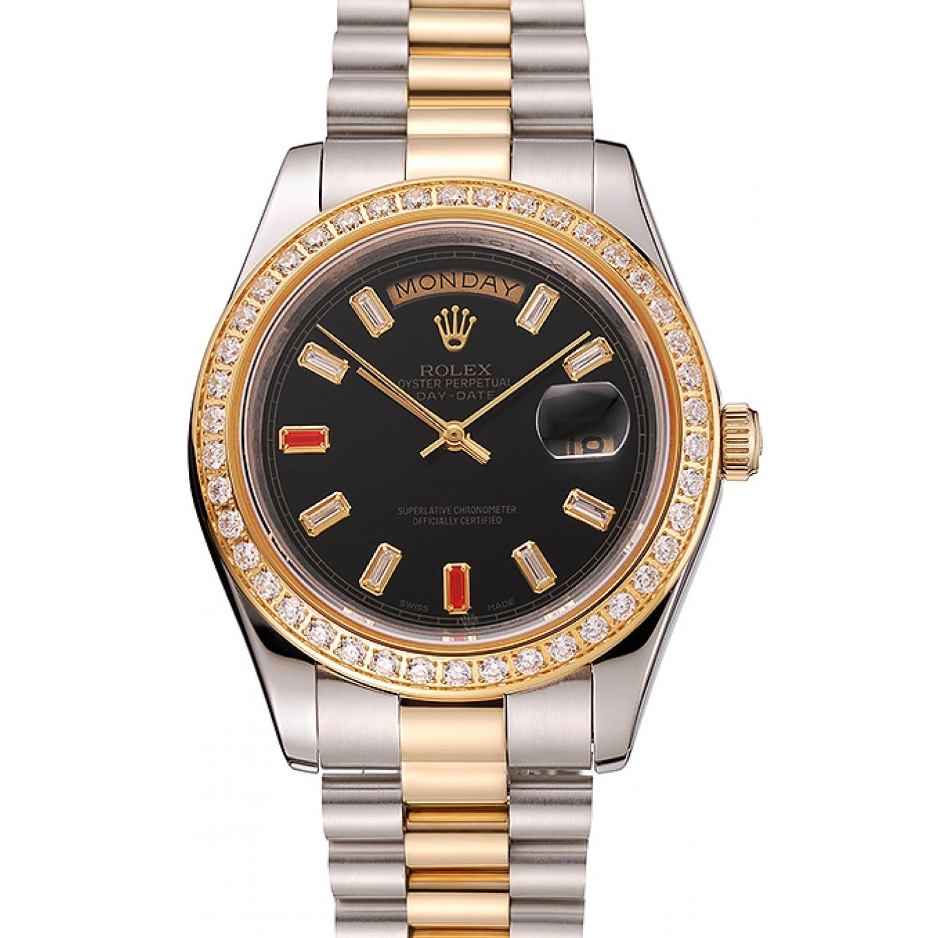 Aaa replica watch Day-Date Dial Two Swiss Black Diamonds And Bracelet Rubies 1454105 Rolex Tone 0803